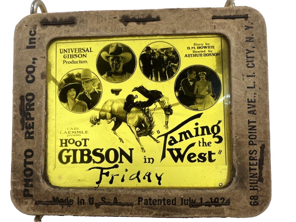 Vintage 1925 HOOT GIBSON in "TAMING THE WEST" Western Movie Glass Slide Cowboy